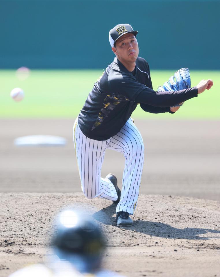 　マウンドに上がって投球練習をする青柳（撮影・立川洋一郎）