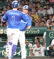 　８回、勝ち越しソロを放った桑原を見つめる岡田監督（撮影・田中太一）