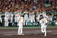 　４回、近本の勝ち越し適時打に盛り上がる阪神ナイン（撮影・山口登）