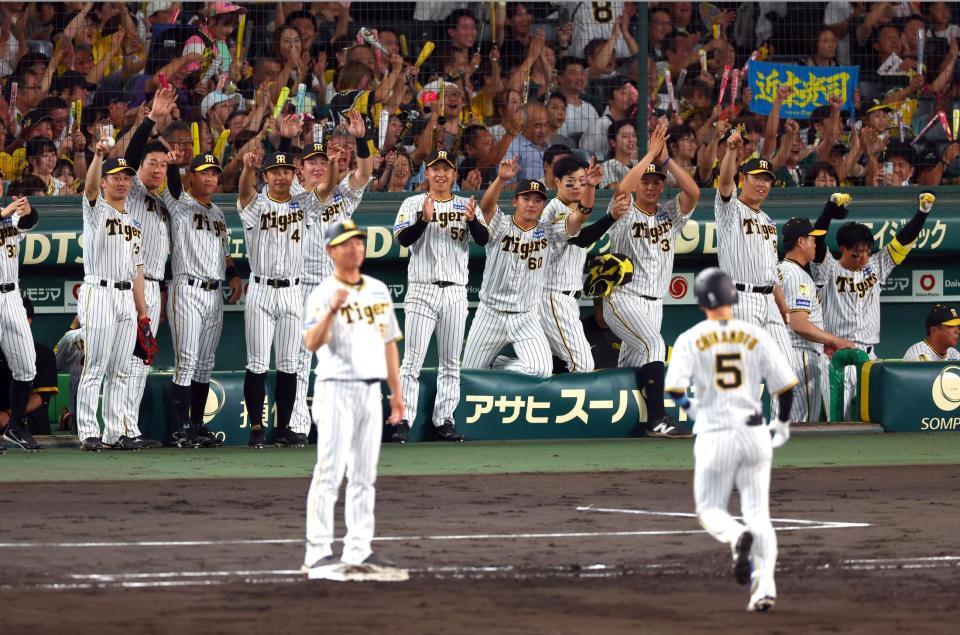 　４回、近本の勝ち越し適時打に盛り上がる阪神ナイン（撮影・山口登）