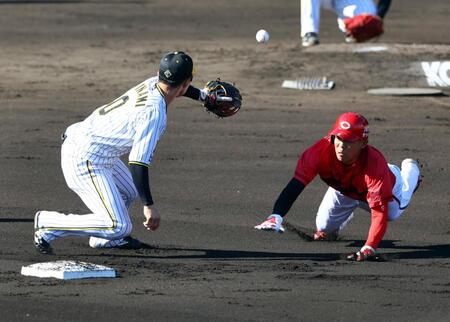 　６回、二走・秋山（右）は梅野のけん制で帰塁する（野手　・木浪）＝撮影・山口登