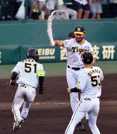 　サヨナラ勝利し、中野を祝福するゲラ＝１４日、甲子園