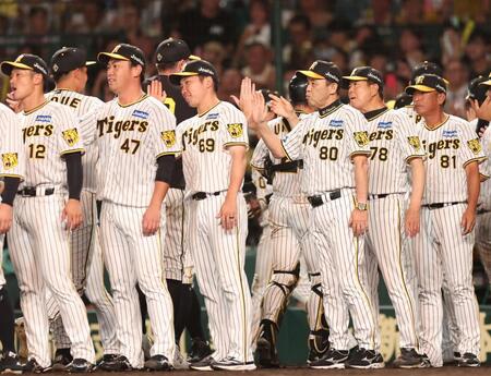 　ヤクルトに勝利し、ナインを迎える岡田監督（８０）ら阪神ナイン（撮影・中田匡峻）