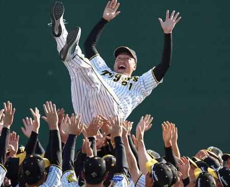 胴上げされる阪神・秋山拓巳＝鳴尾浜（撮影・中田匡峻）