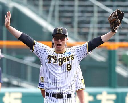 　ノックの打球を待つ佐藤輝（撮影・山口登）