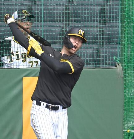 　ハツラツと打撃練習する佐藤輝（撮影・飯室逸平）