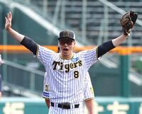 　ノックの打球を待つ佐藤輝（撮影・山口登）