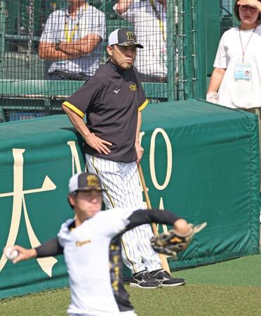 　練習を見つめる岡田監督。手前は石黒（撮影・中田匡峻）