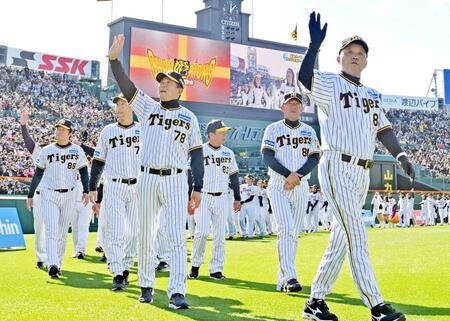 　ファン感謝デーのオープニングで場内を一周する岡田監督（手前）ら阪神ナイン（２０２３年１１月２５日撮影）