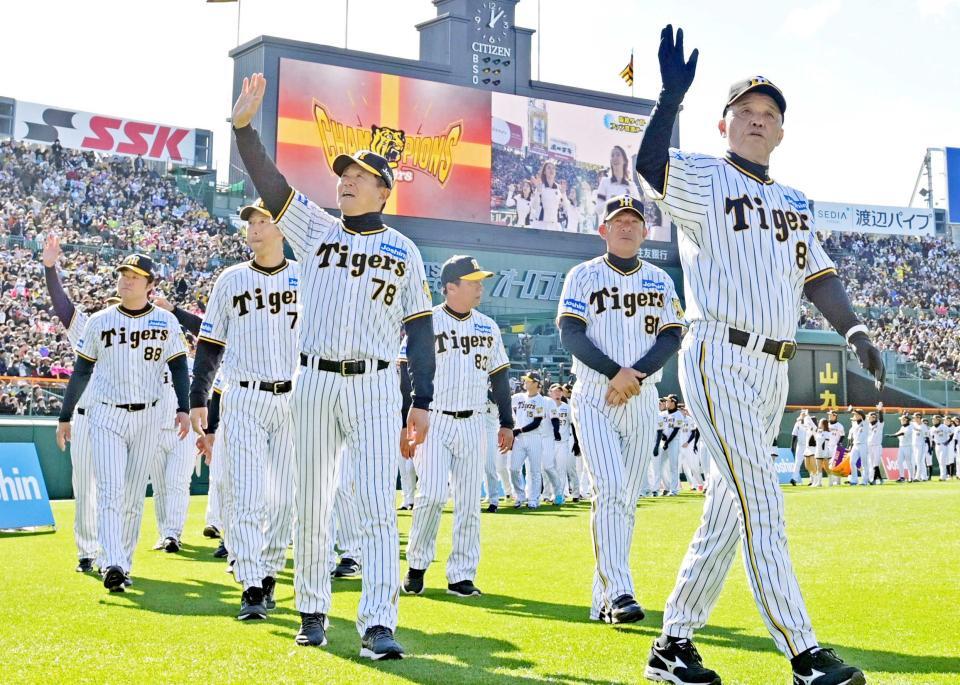 　ファン感謝デーのオープニングで場内を一周する岡田監督（手前）ら阪神ナイン（２０２３年１１月２５日撮影）