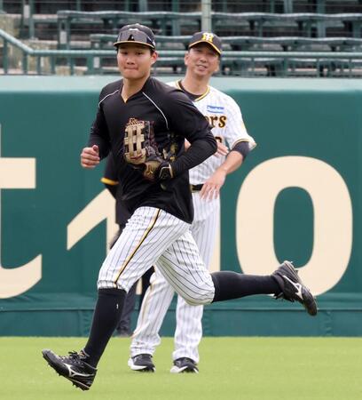 　藤川監督が見る中、外野ノックを受ける森下（撮影・田中太一）