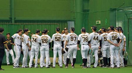 　午後からの練習をスタートさせ円陣を組む阪神野手陣（撮影・立川洋一郎）