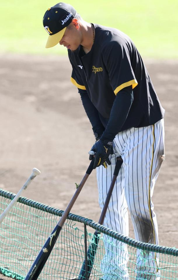 　バットのグリップに飛び乗ったカマキリを見つける佐藤輝（撮影・田中太一）