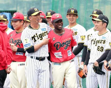 　四国ＩＬｐ・高知の選手を石井（右）らに紹介する藤川監督。左端は阪神育成２位の嶋村