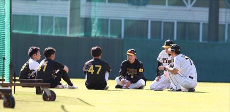 阪神　藤川球児監督が村上＆石井＆桐敷と座談会　約５分間、真剣な表情で聞き入る