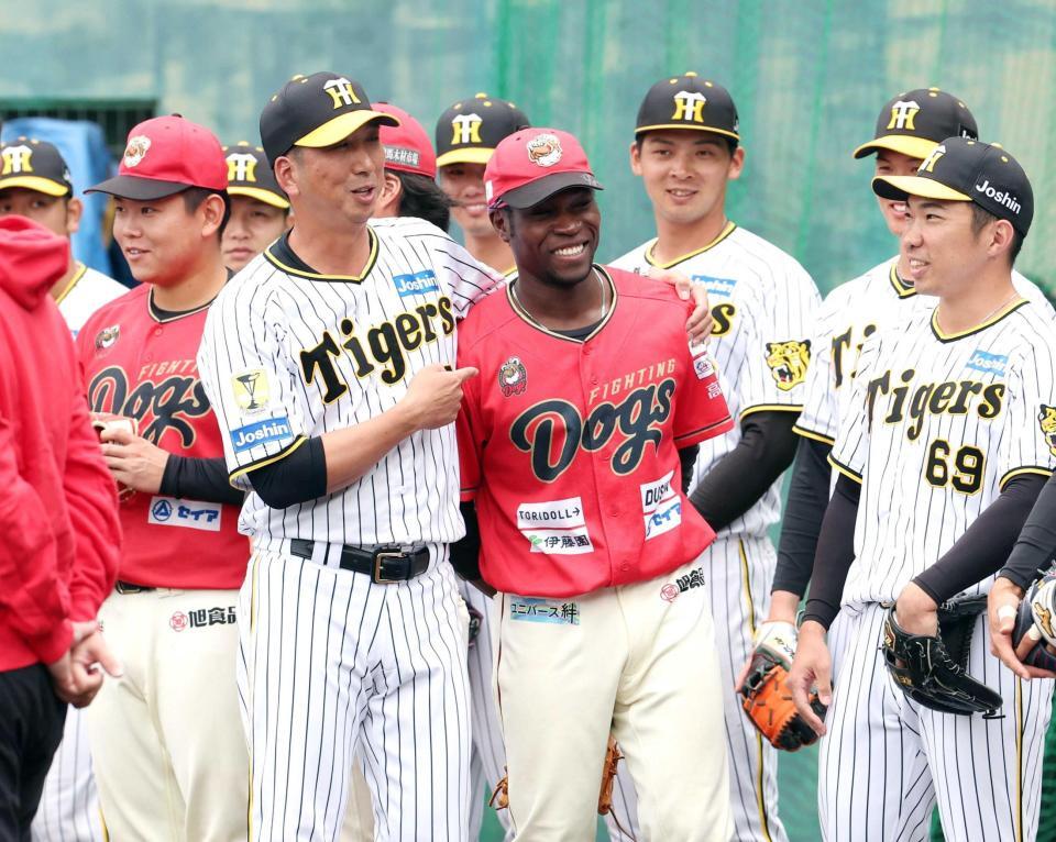 　四国ＩＬｐ・高知の選手を石井（右）らに紹介する藤川監督。左端は阪神育成２位の嶋村