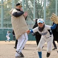 　守備練習を見守る佐藤輝の前にノックボールが飛び込み驚く（撮影・田中太一）