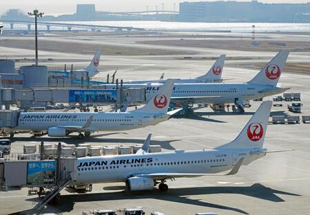 　羽田空港のスポットに並ぶ日航機。システムの不具合が起き、一部の便に遅れが出た