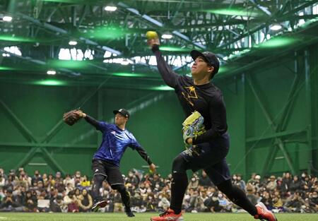 　キャッチボールをする村上と近本（奥）＝撮影・中田匡峻