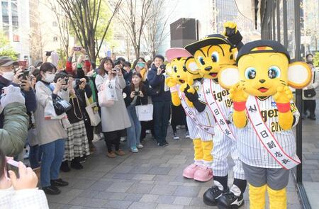 　集まった来店客に笑顔を振りまく（右から）キー太、トラッキー、ラッキー（撮影・石井剣太郎）