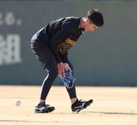 　打球をトンネルする今朝丸（撮影・中田匡峻）