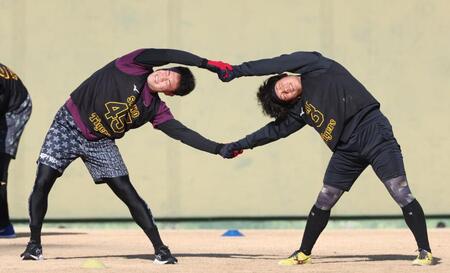 　佐野（左）とアップをする伊原（撮影・中田匡峻）