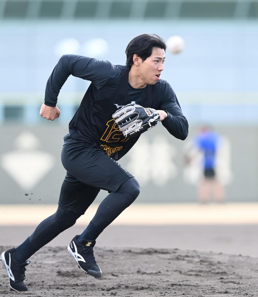 守備練習に汗を流す工藤（撮影・飯室逸平）