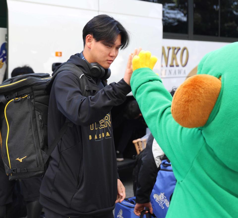 　球場入りし、キー太とタッチを交わす及川（撮影・中田匡峻）