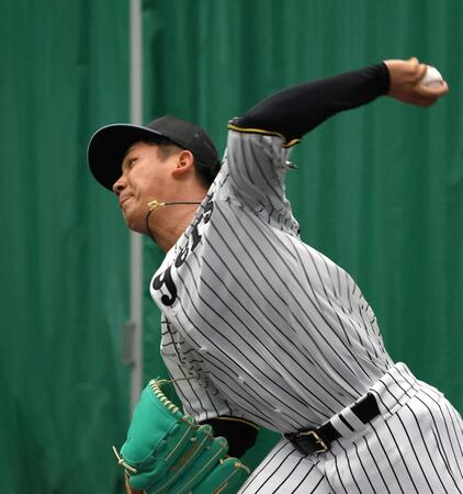 　ブルペンで投球練習する伊原（撮影・北村雅宏）