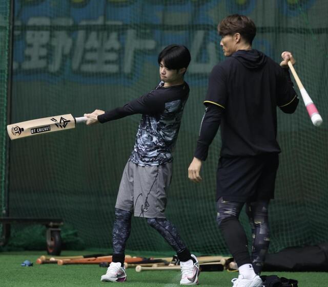 阪神 糸井SAが臨時コーチとしてクリケットバット2本を持参して登場