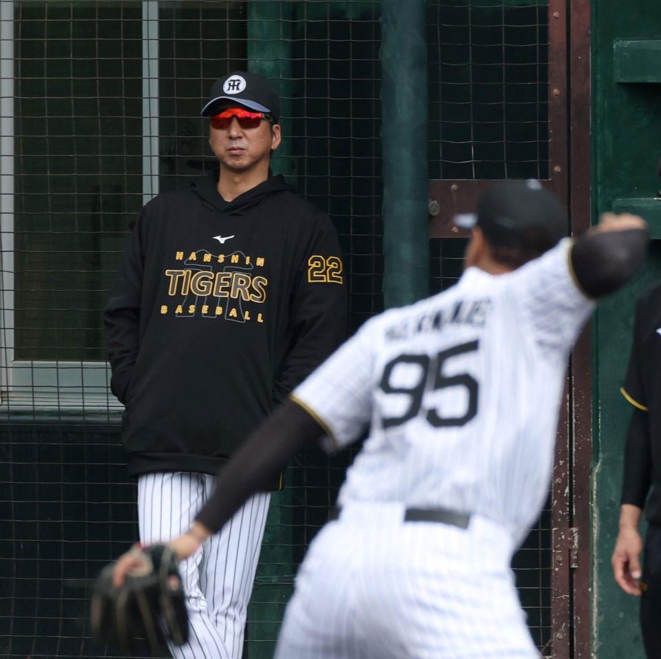 　ヘルナンデス（手前）の守備を見つめる藤川監督（撮影・中田匡峻）