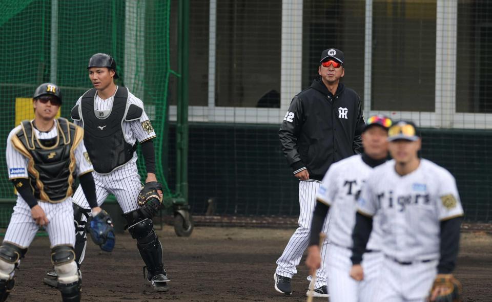 　険しい表情を見せる藤川監督（奥）。左から２人目は栄枝（撮影・中田匡峻）