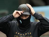 　あまりの気温の低さに、防寒しながらヘルメットをかぶる佐藤輝（撮影・田中太一）