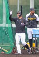 打撃練習で明るい表情を見せる阪神・大山悠輔＝宜野座（撮影・金田祐二）
