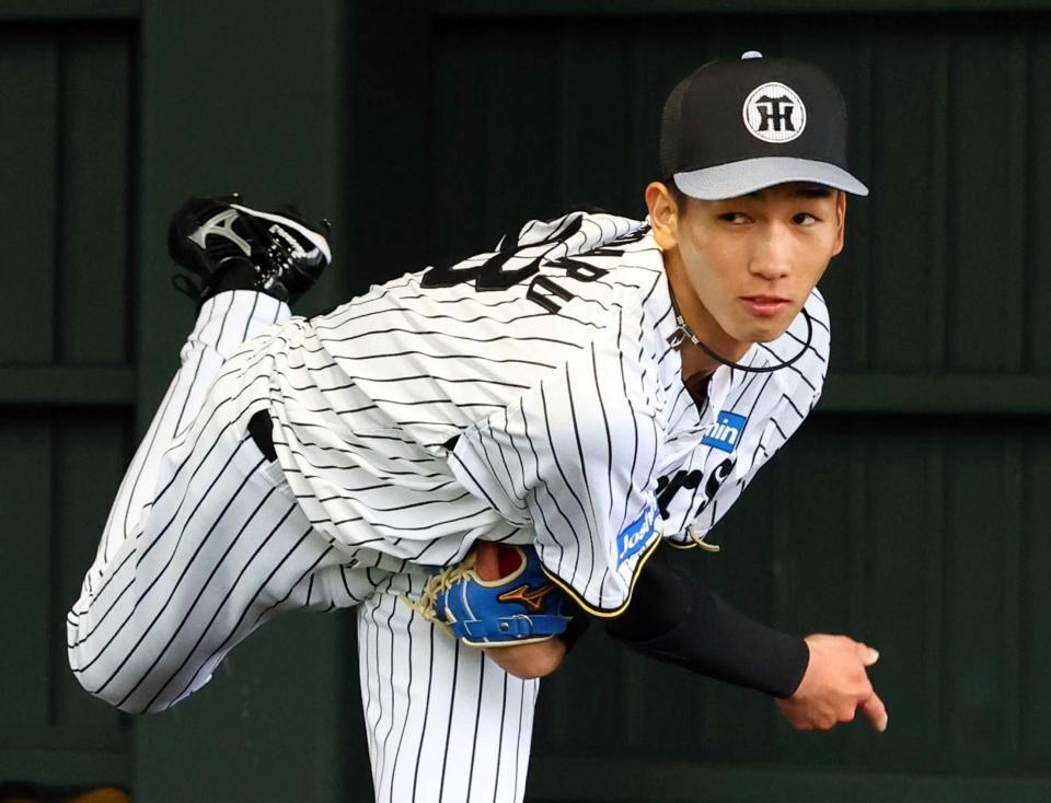 　ブルペンで力投する今朝丸（撮影・山口登）