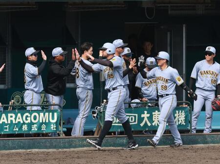 　３回、野口の２点適時打で生還し、ナインに迎えられるヘルナンデス（撮影・金田祐二）