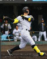 　１回、右越えに先制２ランを放つ佐藤輝（撮影・山口登）