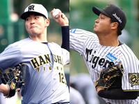 　紅白戦で力投する伊藤稜（左）と松原（撮影・山口登）