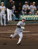 　４回、適時三塁打を放つ栄枝（撮影・金田祐二）