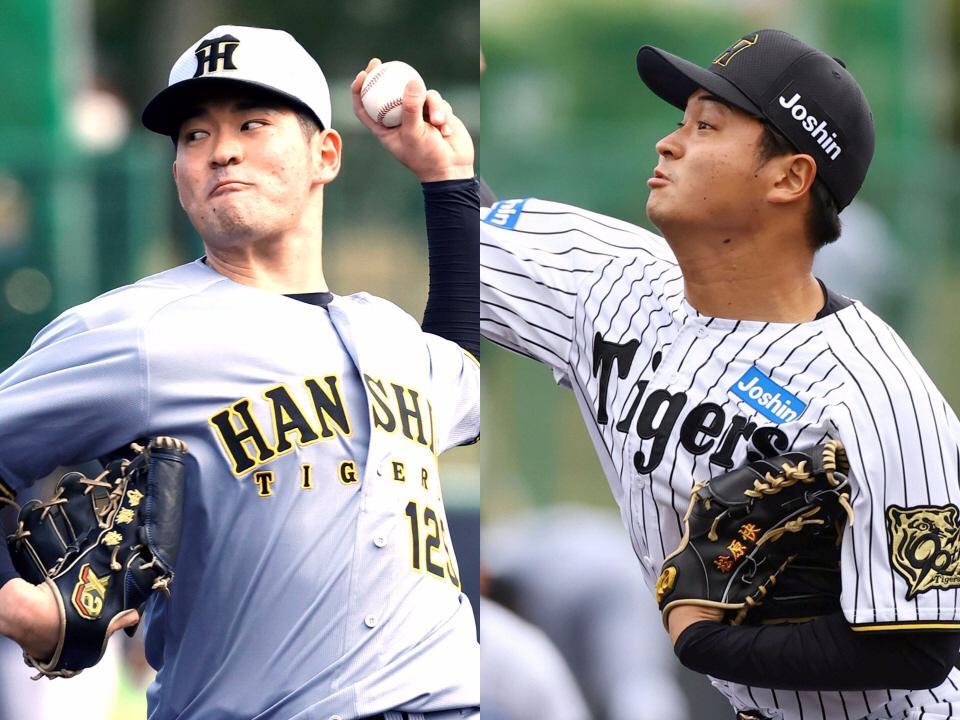 　紅白戦で力投する伊藤稜（左）と松原（撮影・山口登）