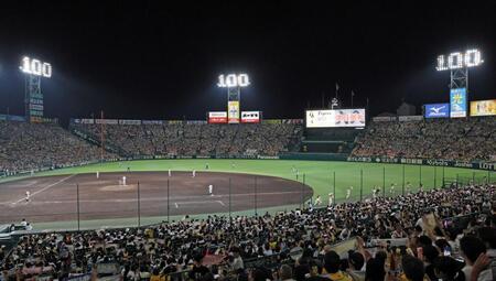 　７回裏の攻撃を前に特別ライティングが点灯し、盛り上がる阪神ファン＝２４年８月