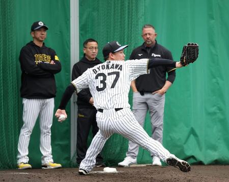 　藤川監督（左）、ウィリアムス駐米スカウト（右）が見守る中、投球練習をする及川（撮影・中田匡峻）