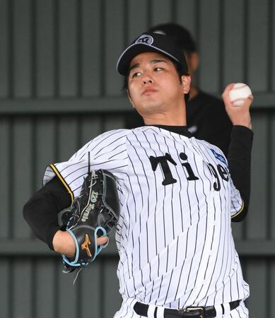 　ブルペンで投球練習する高橋（撮影・西田忠信）
