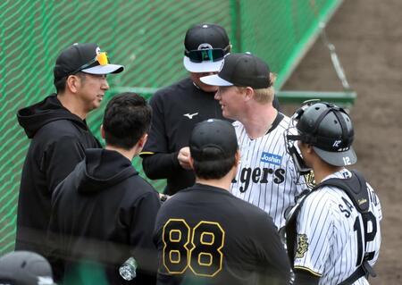 　投げ終わったネルソンは藤川監督と話をする（撮影・田中太一）