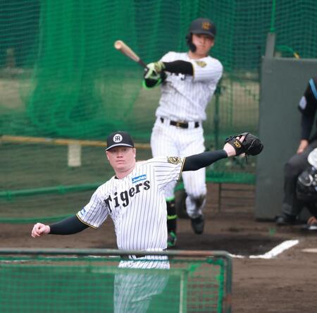 　高寺相手に打撃投手を務めるネルソン（撮影・金田祐二）