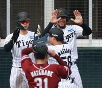 　５回、３ランを放った前川を迎えるヘルナンデス、佐藤輝（撮影・金田祐二）