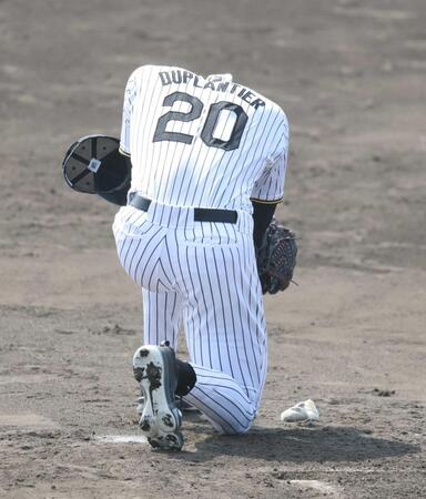 　シート打撃登板前、マウンド上に膝を付くデュプランティエ