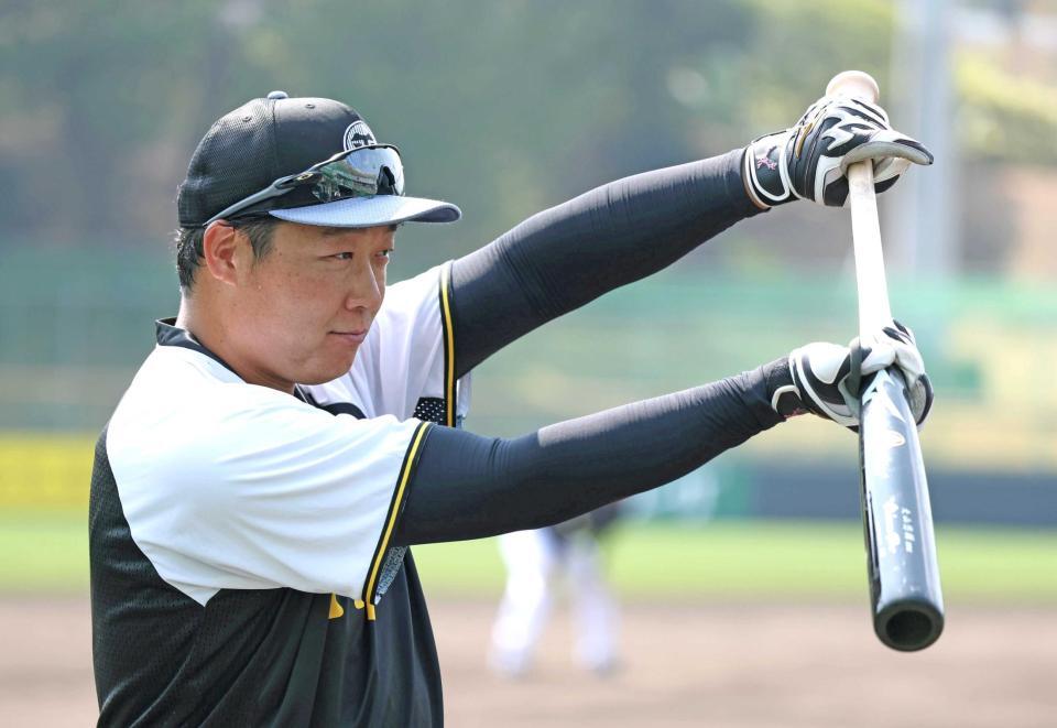 　バント練習をする大山（撮影・中田匡峻）