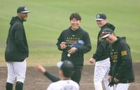 　藤川監督（右端）と談笑する（左から）デュプランティエ、藤本通訳、ネルソン（撮影・中田匡峻）