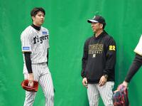　ブルペン投球を終えた才木と話す藤川監督＝１３日